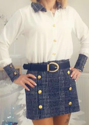 Düğmeli Beyaz ve Gri Ekoseli kısa Kadın Elbisesi - Görsel 2