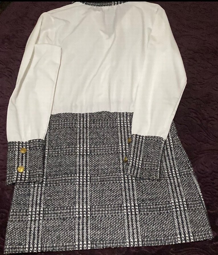 Düğmeli Beyaz ve Gri Ekoseli kısa Kadın Elbisesi - Görsel 5