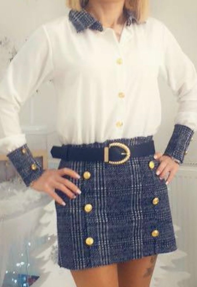 Düğmeli Beyaz ve Gri Ekoseli kısa Kadın Elbisesi - Görsel 2