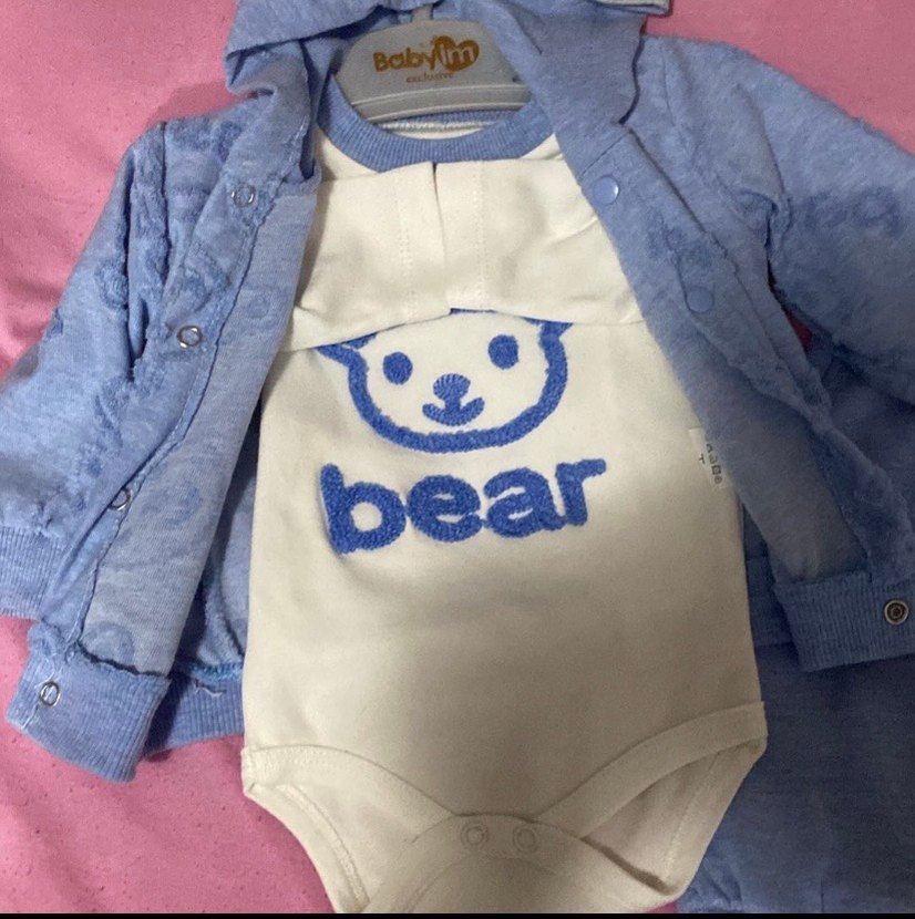 Mavi Kapüşonlu Ayıcık Baskılı Bebek Takımı - Görsel 2