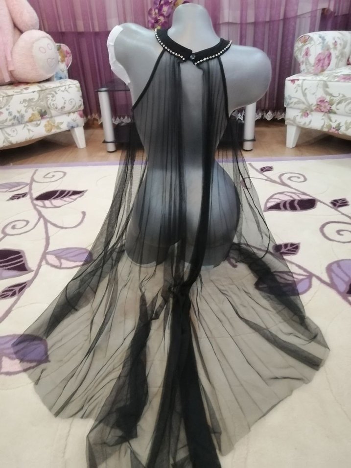 Uzun Siyah Transparan Gotik Kadın Gecelik - Görsel 3