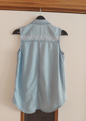 xs Beden Nakışlı Mavi Kolsuz Denim Gömlek