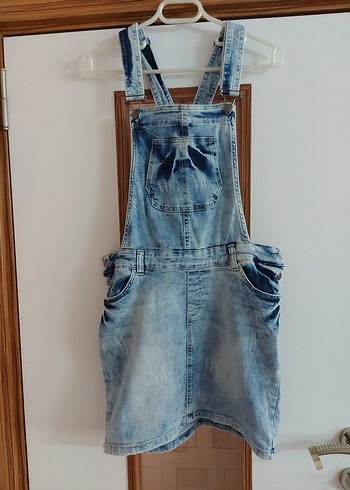 Kadın Mavi Denim Kısa Askılı Salopet