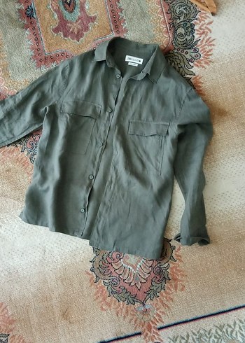 Zara Haki Uzun Kollu Keten Gömlek - Görsel 3