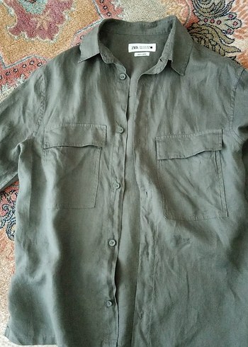 Zara Haki Uzun Kollu Keten Gömlek - Görsel 2