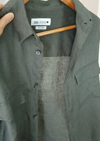 Zara Haki Uzun Kollu Keten Gömlek - Görsel 6