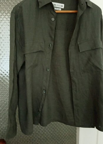 Zara Haki Uzun Kollu Keten Gömlek - Görsel 8