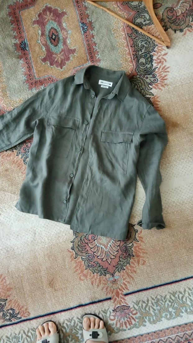 Zara Haki Uzun Kollu Keten Gömlek - Görsel 3