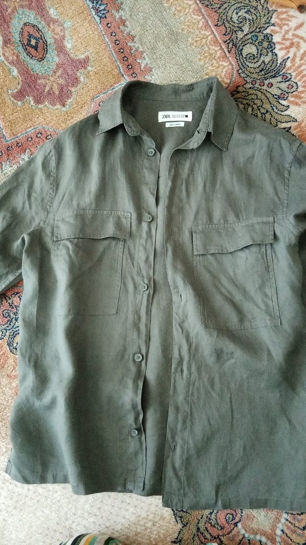 Zara Haki Uzun Kollu Keten Gömlek - Görsel 2