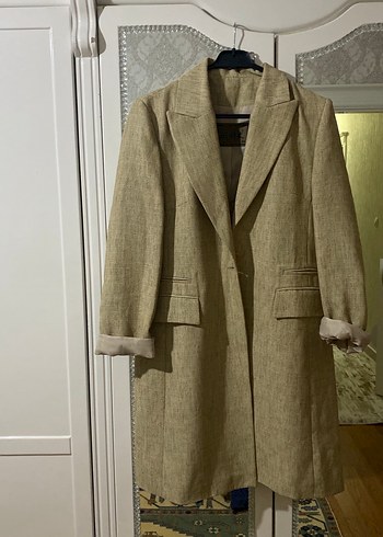 Bej Kadın Keten Düğmeli Uzun Pantolon - Görsel 2