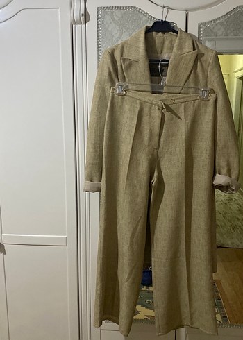 Bej Kadın Keten Düğmeli Uzun Pantolon - Görsel 5