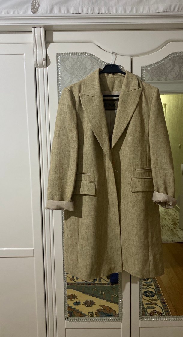 Bej Kadın Keten Düğmeli Uzun Pantolon - Görsel 2