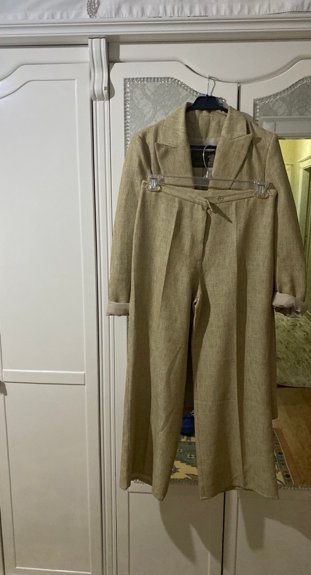 Bej Kadın Keten Düğmeli Uzun Pantolon - Görsel 5