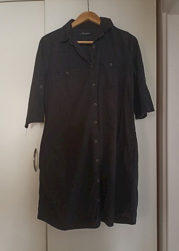 Düğmeli Siyah İnce Denim Elbise