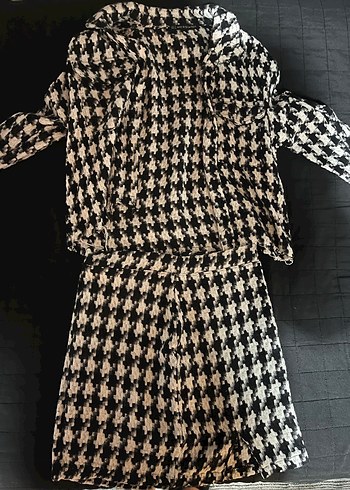 Kadın Siyah Beyaz Desenli Midi Ceket Etek Takım - Görsel 2