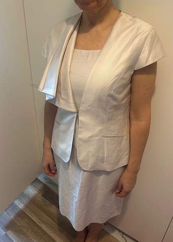 Beyaz Keten saten  Kadın Midi Takım - Görsel 2