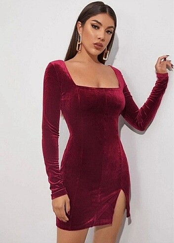 kırmızı bordo kadife mini yılbaşı elbisesi