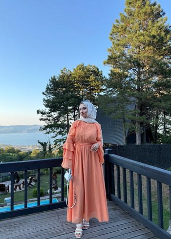 diğer Beden Turuncu Bohem Uzun Keten Elbise