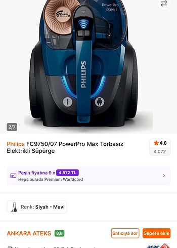 Philips PowerPro Max Torbasız Elektrikli Süpürge Siyah-Mavi