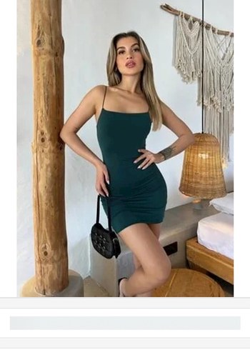 Yeşil Midi Drapeli İnce Askılı Elbise - Görsel 2