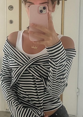 Omuz Dekolteli Çizgili Sweatshirt