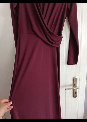 Bordo Drapeli Uzun Kollu Kadın Elbise - Görsel 3
