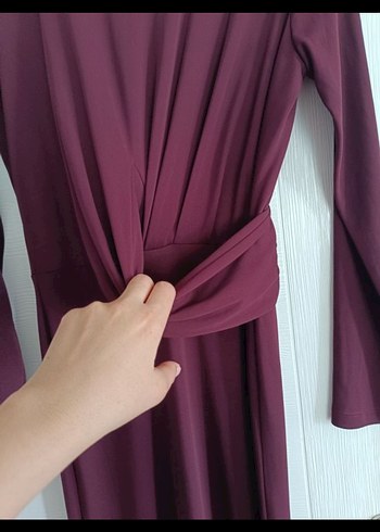 Bordo Drapeli Uzun Kollu Kadın Elbise - Görsel 4