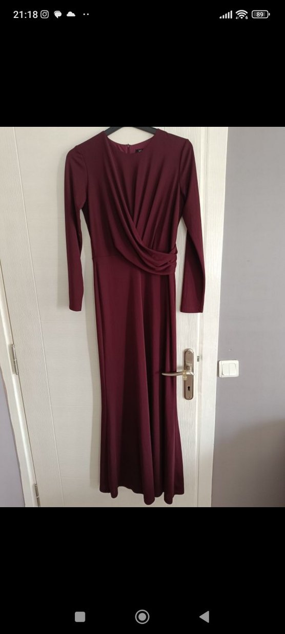 Bordo Drapeli Uzun Kollu Kadın Elbise - Görsel 2