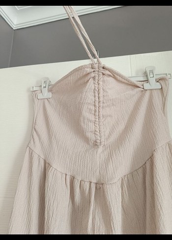 Bej Straplez Uzun Keten Elbise - Görsel 3