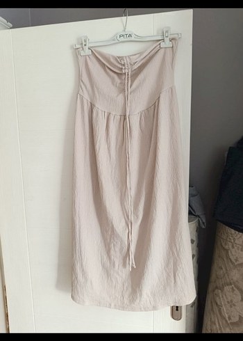 Bej Straplez Uzun Keten Elbise - Görsel 2