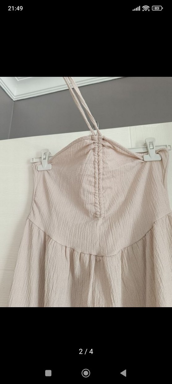 Bej Straplez Uzun Keten Elbise - Görsel 3