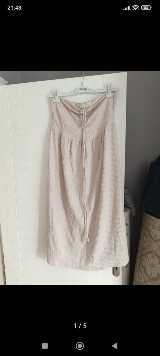 Bej Straplez Uzun Keten Elbise - Görsel 2