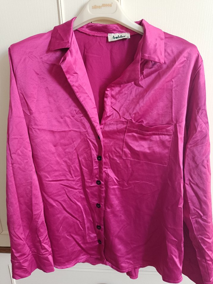 Pembe V Yaka Uzun Kollu Saten Gömlek - Görsel 2