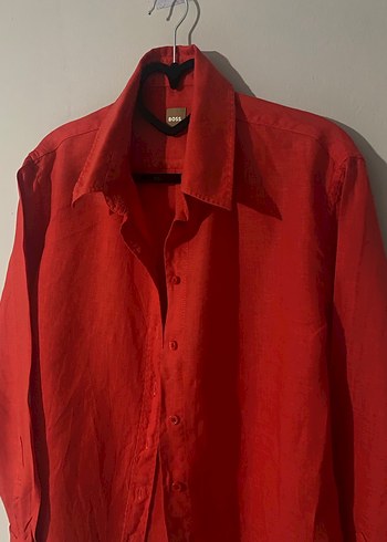 Kırmızı Keten Uzun Kollu Düğmeli Gömlek - Görsel 3