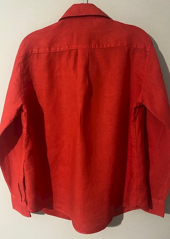 Kırmızı Keten Uzun Kollu Düğmeli Gömlek - Görsel 4