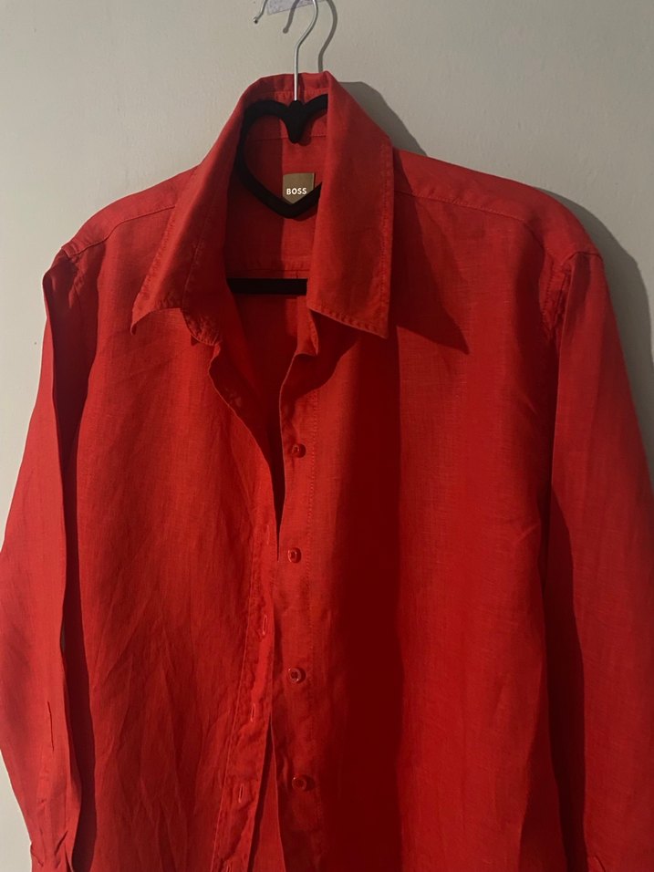 Kırmızı Keten Uzun Kollu Düğmeli Gömlek - Görsel 3