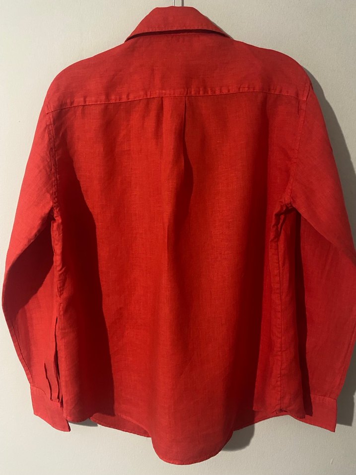 Kırmızı Keten Uzun Kollu Düğmeli Gömlek - Görsel 4