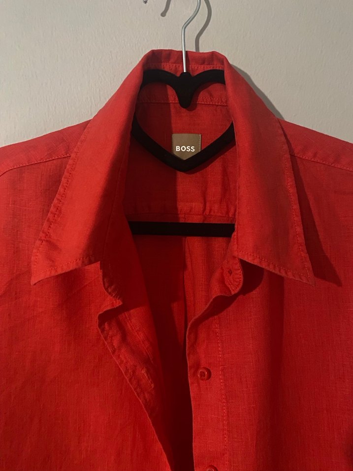 Kırmızı Keten Uzun Kollu Düğmeli Gömlek - Görsel 2