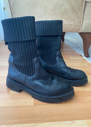 Siyah Örgü Detaylı Blok Topuklu Kadın Bot - Görsel 2