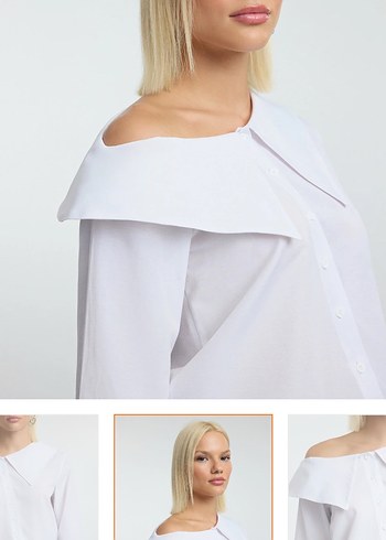 Düğmeli Beyaz Denim Uzun Kollu Gömlek - Görsel 3