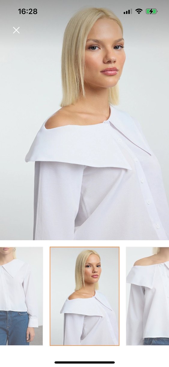 Düğmeli Beyaz Denim Uzun Kollu Gömlek - Görsel 3