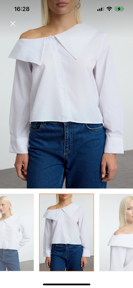 Düğmeli Beyaz Denim Uzun Kollu Gömlek - Görsel 2