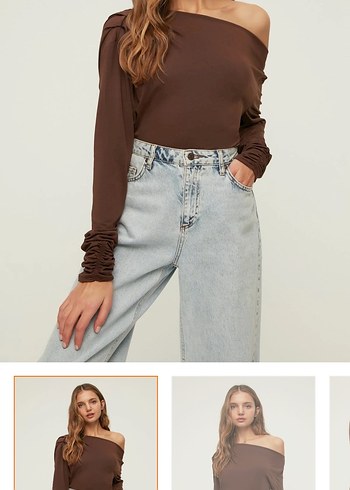 Kahverengi V Yaka Uzun Kollu Salaş Bluz - Görsel 2