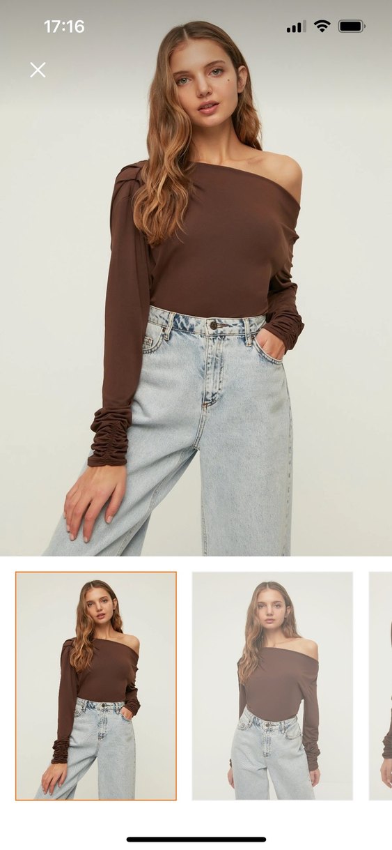 Kahverengi V Yaka Uzun Kollu Salaş Bluz - Görsel 2