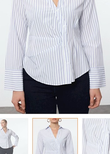 Kadın Gri Çizgili V Yakalı Ofis Gömleği - Görsel 2