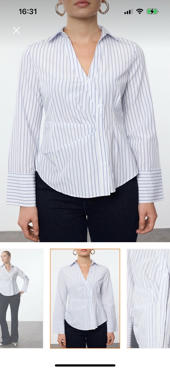 Kadın Gri Çizgili V Yakalı Ofis Gömleği - Görsel 2