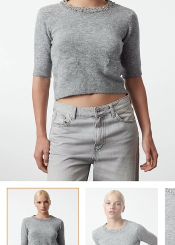 Gri Kısa Kollu Kadın Triko - Görsel 2