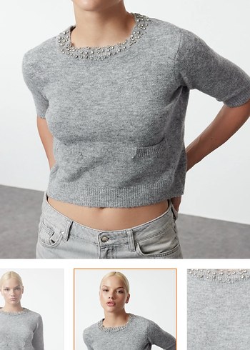 Gri Kısa Kollu Kadın Triko - Görsel 3