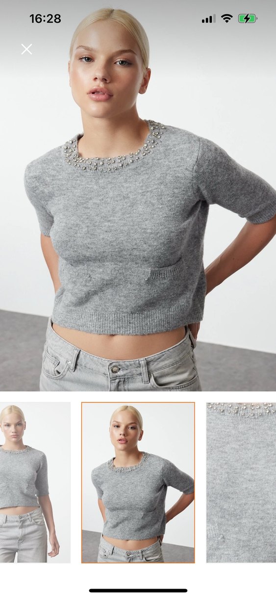 Gri Kısa Kollu Kadın Triko - Görsel 3
