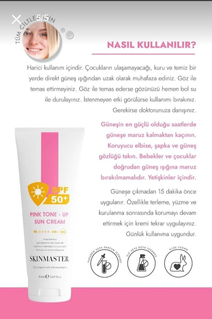 Skinmaster SPF 50+ Pembe Tonlu Güneş Kremi - Görsel 5